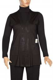 Hesna Kadın Ayben Taşlı Cepli Siyah Yelek - 1