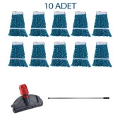 Cod-Ex Çift Kovalı Temizlik Arabası Seti Yedek Mop Takımı - 10 Adet 17 Cm. Dar Mop + Mop Tutucu + Sap - 2