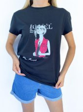Kadın Women Baskılı Basic Siyah Tshirt - 2