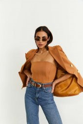 Straplez Kahverengi Crop Bluz - 1