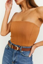 Straplez Kahverengi Crop Bluz - 3