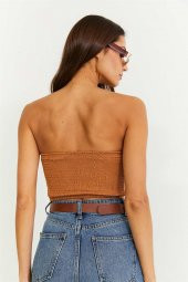 Straplez Kahverengi Crop Bluz - 4