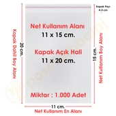 11x15+5 cm. (11x20) 1.000 Adet - Şeffaf Bantlı Yapışkanlı OPP Jelatin Poşet - 1