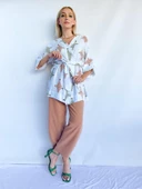 Kadın Tarçın Rengi Keten Kimono Pantolon Takım - 1