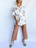 Kadın Tarçın Rengi Keten Kimono Pantolon Takım - 5