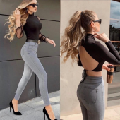Likralı Yüksek Bel Jean Pantolon - 2
