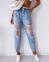 Bel Ve Paça Lastikli, Bağcıklı Yırtık Kot - 1