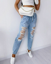 Bel Ve Paça Lastikli, Bağcıklı Yırtık Kot - 2