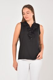 Lir Kadın Büyük Beden Yakası Volanlı Kolsuz Bluz Siyah LRWM22BLZ04 - 1