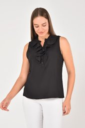 Lir Kadın Büyük Beden Yakası Volanlı Kolsuz Bluz Siyah LRWM22BLZ04 - 2