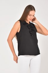 Lir Kadın Büyük Beden Yakası Volanlı Kolsuz Bluz Siyah LRWM22BLZ04 - 5