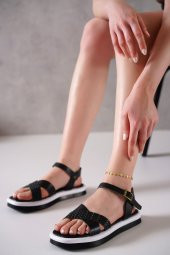 Pamela Hakiki Deri Siyah Kadın Sandalet - 2