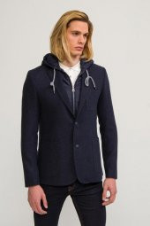 CEKMON Erkek İçi Kapitoneli Kapüşonlu Dışı Yün Rahat Spor Blazer Ceket - 5