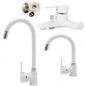 Beyaz Mat 3 Lü Set Batarya Oynar Başlıklı Perletörlü Banyo,Kuğu Lavabo,Evye - 1