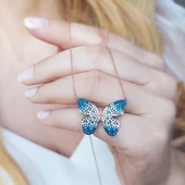 925 Ayar Mavi Taşlı Kelebek Kolye Kadın Gümüş Kolye thumbnail 1