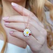 925 Ayar Gümüş Mineli Uğurböceği Papatya Kolye - 2