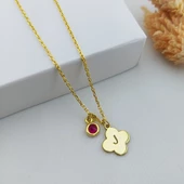 Kadın 925 Ayar Gümüş Kırmızı Taşlı Harfli Yonca Kolye thumbnail 1