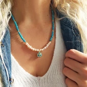 Vaoov 925 Ayar Gümüş Mavi Firuze Taşlı İnci Kolye thumbnail 1