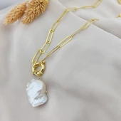 Vaoov 925 Ayar Gümüş Köşeli Zincirli Barok İnci Kolye thumbnail 2