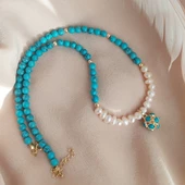 Vaoov 925 Ayar Gümüş Mavi Firuze Taşlı İnci Kolye thumbnail 2