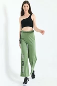Taş İşlemeli Geniş Paçalı ve Deri Kemerli Yeşil Kadın Pantolon - 2