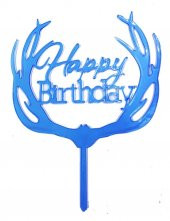Happy Birthday Yazılı Pasta Süslemesi Kek Çubuğu Mavi Renk 13 cm - 1