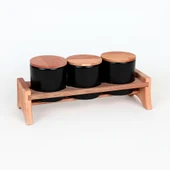 Keramika Mat Siyah Ege  Ahşap Standlı Saklama Kabı 10 cm 3 Parça - 4