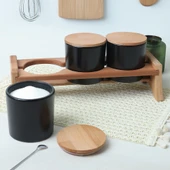 Keramika Mat Siyah Ege  Ahşap Standlı Saklama Kabı 10 cm 3 Parça - 1