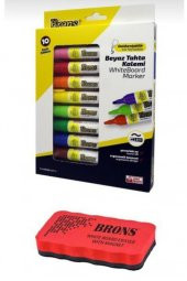Brons Whiteboard Marker Doldurulabilir Beyaz Tahta Kalemi Seti 10 Renk + Tahta Silgisi BR-10 - 1