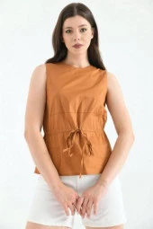 Bisiklet Yaka Kolsuz Bağcıklı Kahve Kadın Bluz thumbnail 1
