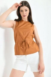 Bisiklet Yaka Kolsuz Bağcıklı Kahve Kadın Bluz thumbnail 2