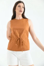 Bisiklet Yaka Kolsuz Bağcıklı Kahve Kadın Bluz thumbnail 3