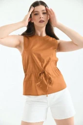 Bisiklet Yaka Kolsuz Bağcıklı Kahve Kadın Bluz thumbnail 4