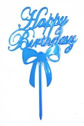 Happy Birthday Yazılı Mavi Renk Pasta Süslemesi Kek Çubuğu 13 cm - 1