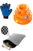 3 Lü Set Elekli Kedi Tuvalet Paspası (gri) + Tüy Toplama Eldiveni + Tower Of Tracks Kedi Oyuncağı - 1