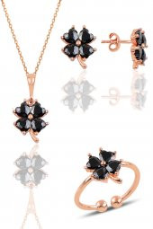 Gümüş rose onix taşlı yonca kolye küpe ve yüzük üçlü set - 1