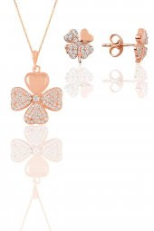 Gümüş rose zirkon taşlı yonca kolye ve küpe ikili set - 1