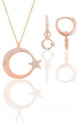 Gümüş rose zirkon taşlı ay yıldız kolye ve küpe ikili set - 1