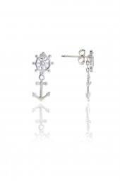 Gümüş Rodyumlu denizci dümeni kolye ve küpe ikili set thumbnail 2