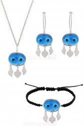 Gümüş süryani nazar boncuğu kolye küpe ve bileklik üçlü set - 1