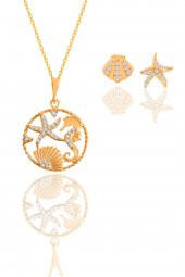 Gümüş rose zirkon taşlı deniz şans kolye ve küpe ikili set - 1
