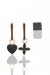 Gümüş rose siyah taşlı şans kombin küpe thumbnail 1