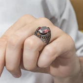 Kırmızı Faset Kesim 925 Gümüş Erkek Yüzük thumbnail 7