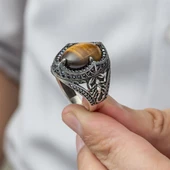 Kaplan Gözü Taşlı Akrep Figürlü 925 Gümüş Erkek Yüzük - 8