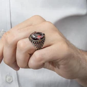 Kırmızı Faset Kesim 925 Gümüş Erkek Yüzük thumbnail 9