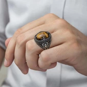 Kaplan Gözü Taşlı Akrep Figürlü 925 Gümüş Erkek Yüzük - 6