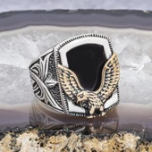 Kartal Motifli Kare Siyah Oniks Taşlı 925 Gümüş Erkek Yüzük - 11
