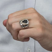 Kartal Motifli Kare Siyah Oniks Taşlı 925 Gümüş Erkek Yüzük - 6