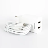 Tecno Çift UsbA Çıkışlı Şarj Aleti Type-C ve Micro Data Kablolu TCW-E01D Beyaz thumbnail 1