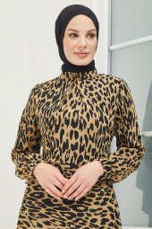 Leopar Desenli Tesettür Elbise - 3